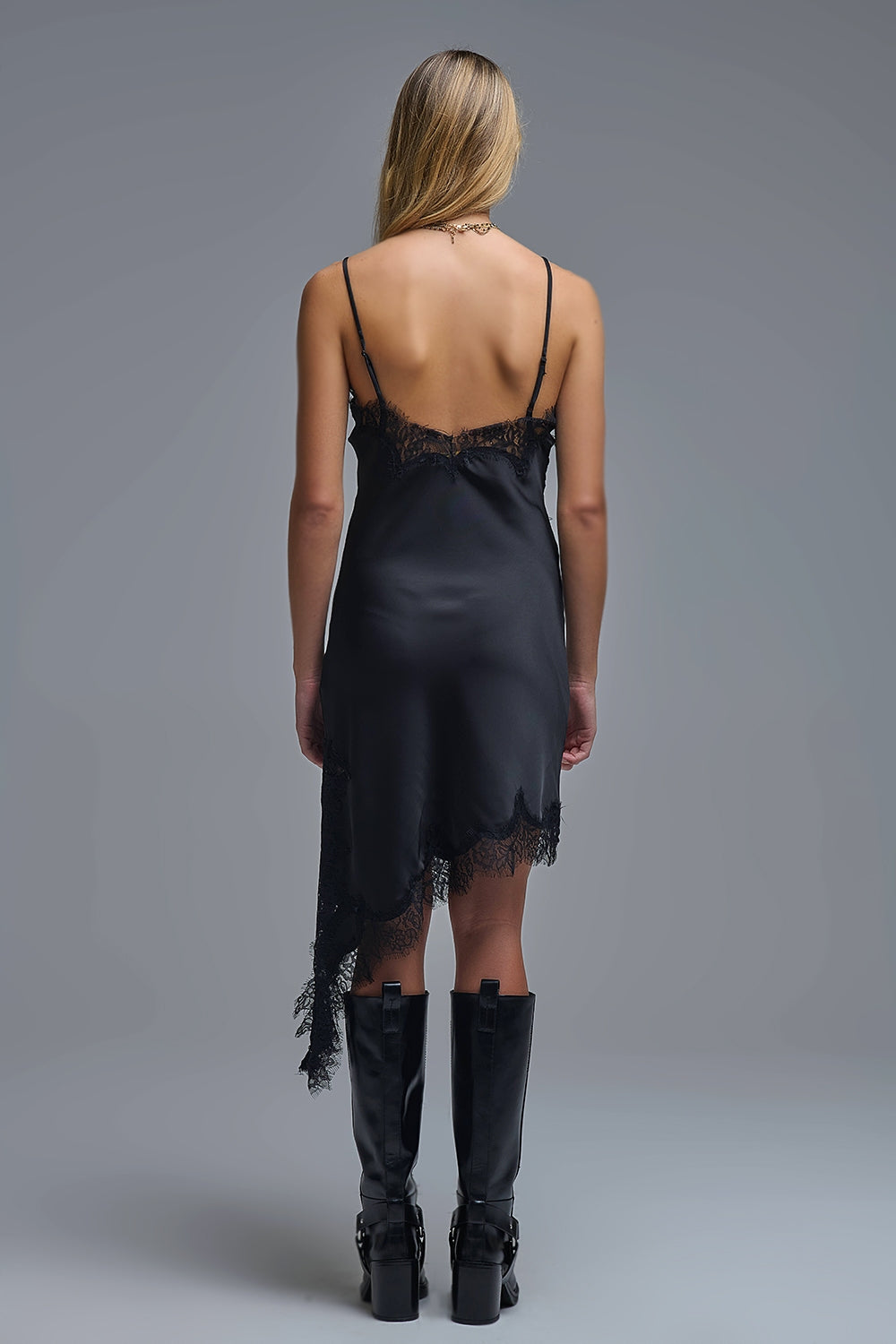 UNIKCOSA Asymetrical Satin Lace Dress in black