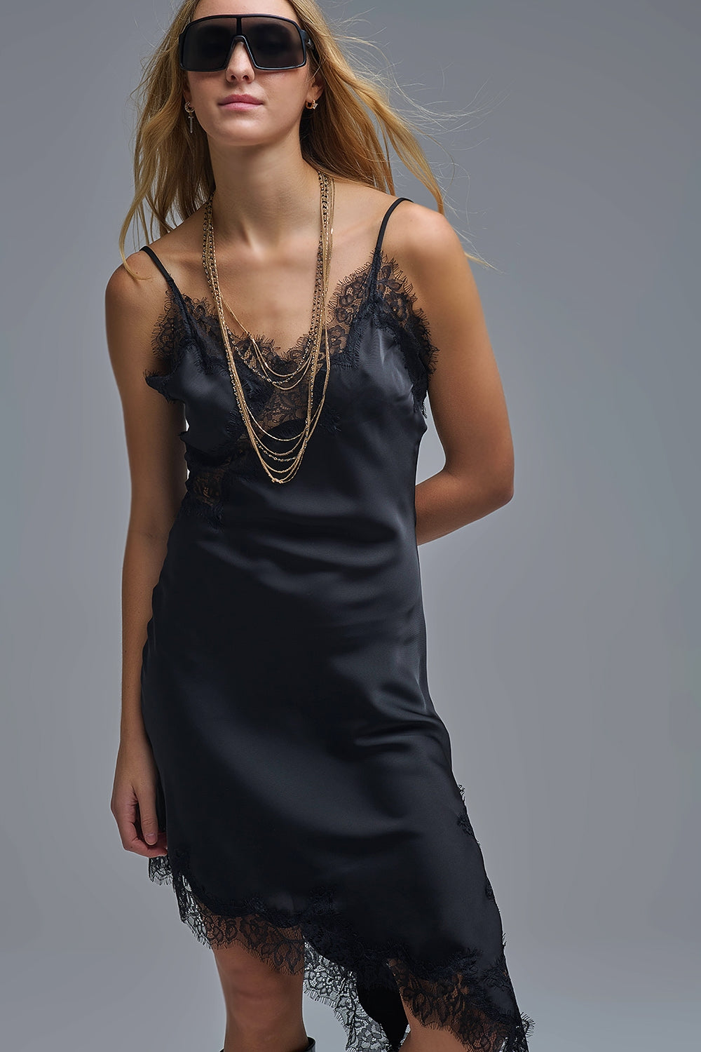 UNIKCOSA Asymetrical Satin Lace Dress in black