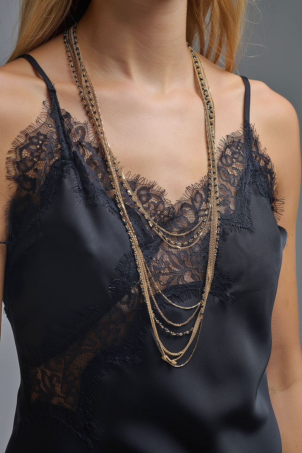 UNIKCOSA Asymetrical Satin Lace Dress in black