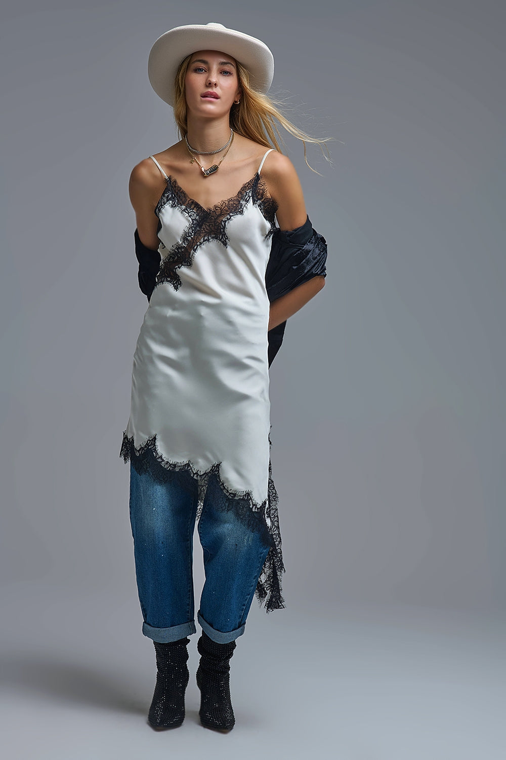 UNIKCOSA Elegant Asymmetrical White Satin Lace Dress