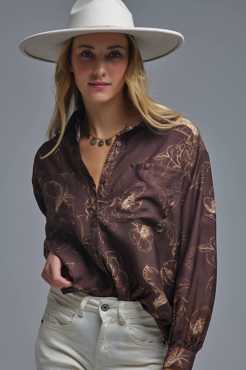 Brown Light-weight Flowy shirt in Autumnal Floral Print