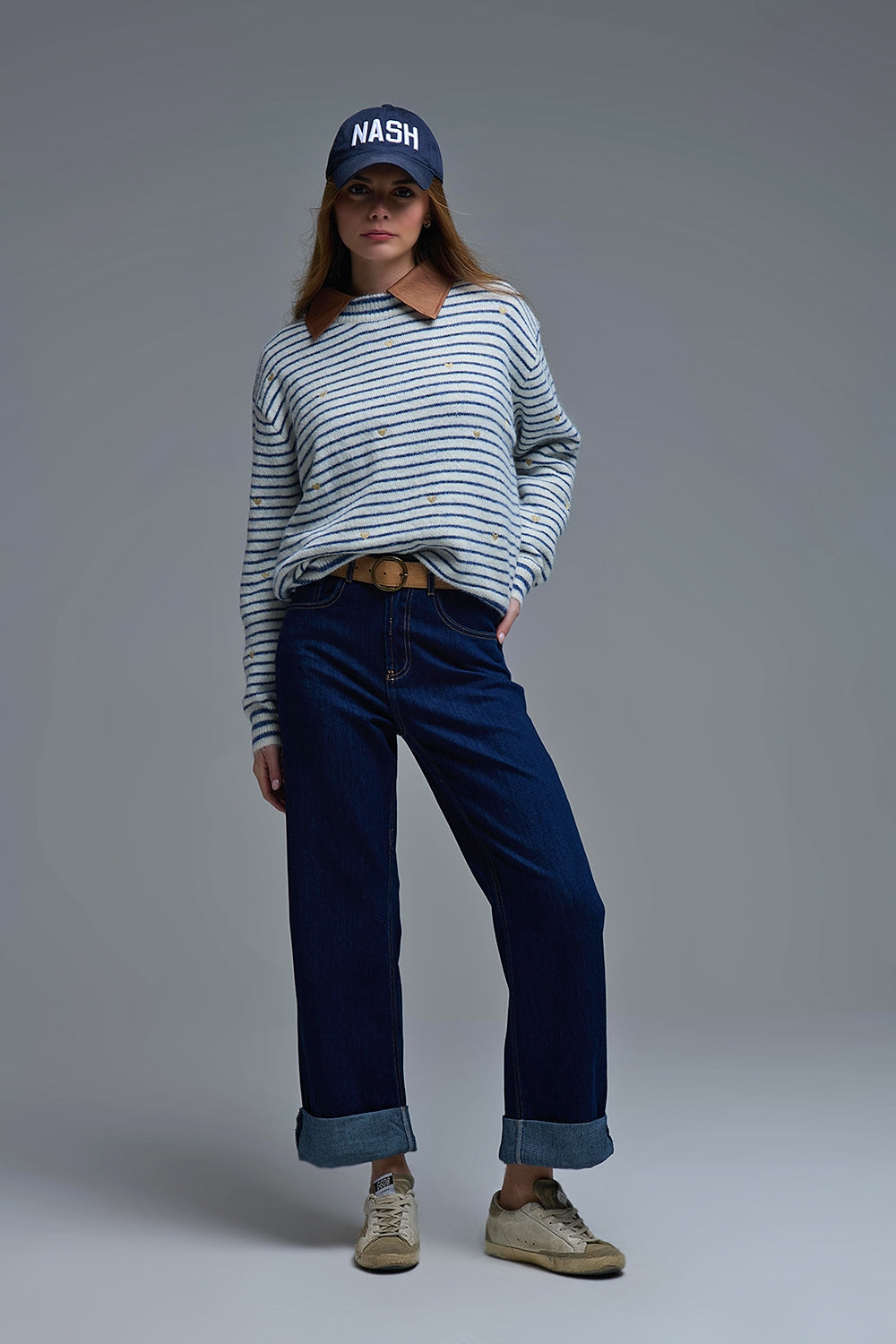 High-Waisted Dark Blue wide leg Jeans with Folded Hems
