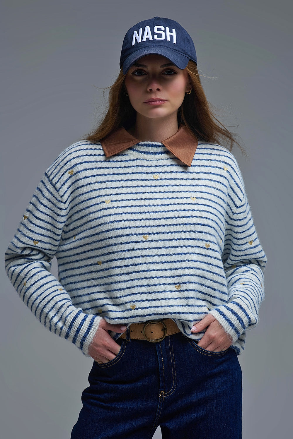 Knit Sweater with Blue Stripes and gold Heart embroidered