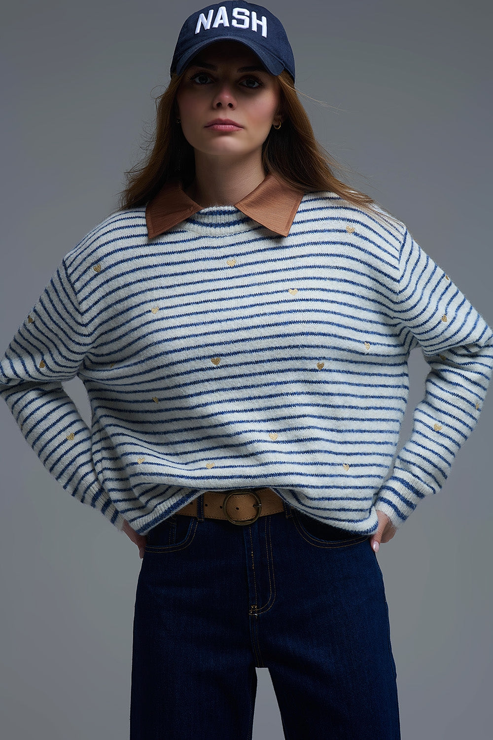 Knit Sweater with Blue Stripes and gold Heart embroidered