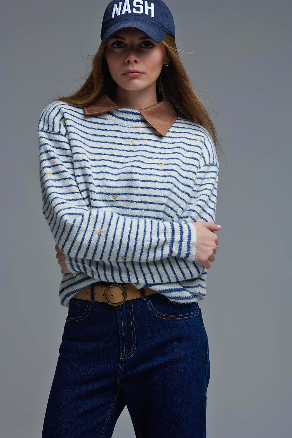 Knit Sweater with Blue Stripes and gold Heart embroidered
