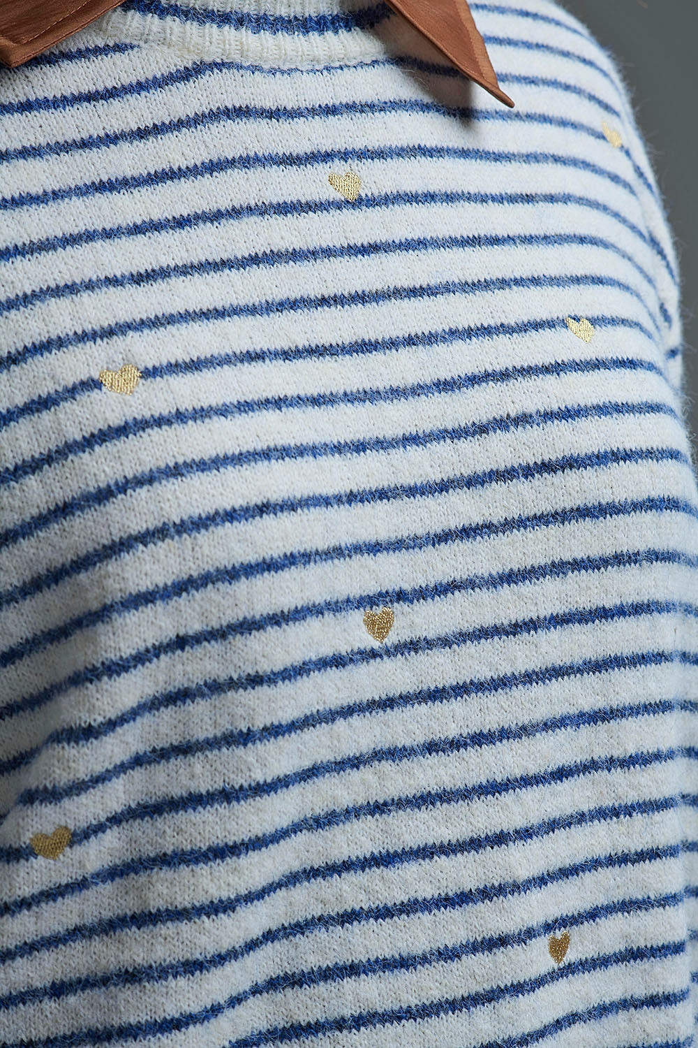 Knit Sweater with Blue Stripes and gold Heart embroidered