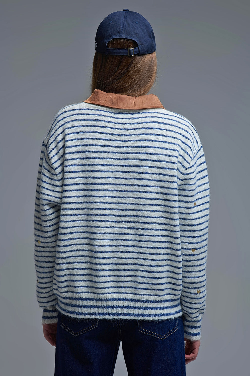 Knit Sweater with Blue Stripes and gold Heart embroidered