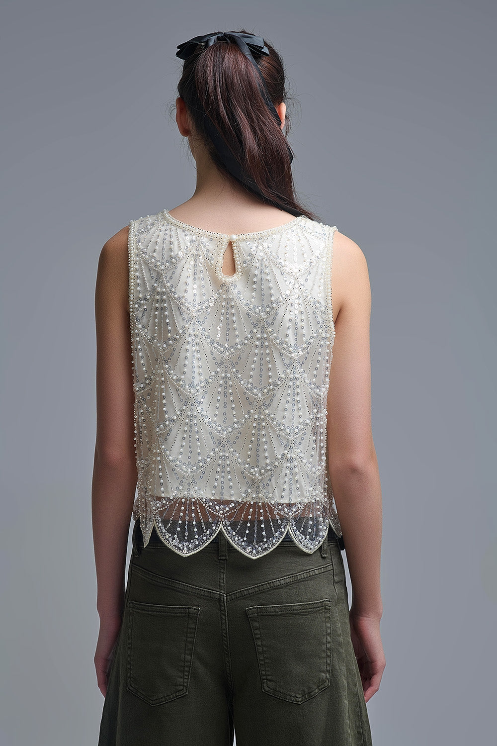 Chic Cream Sequin Cropped Top