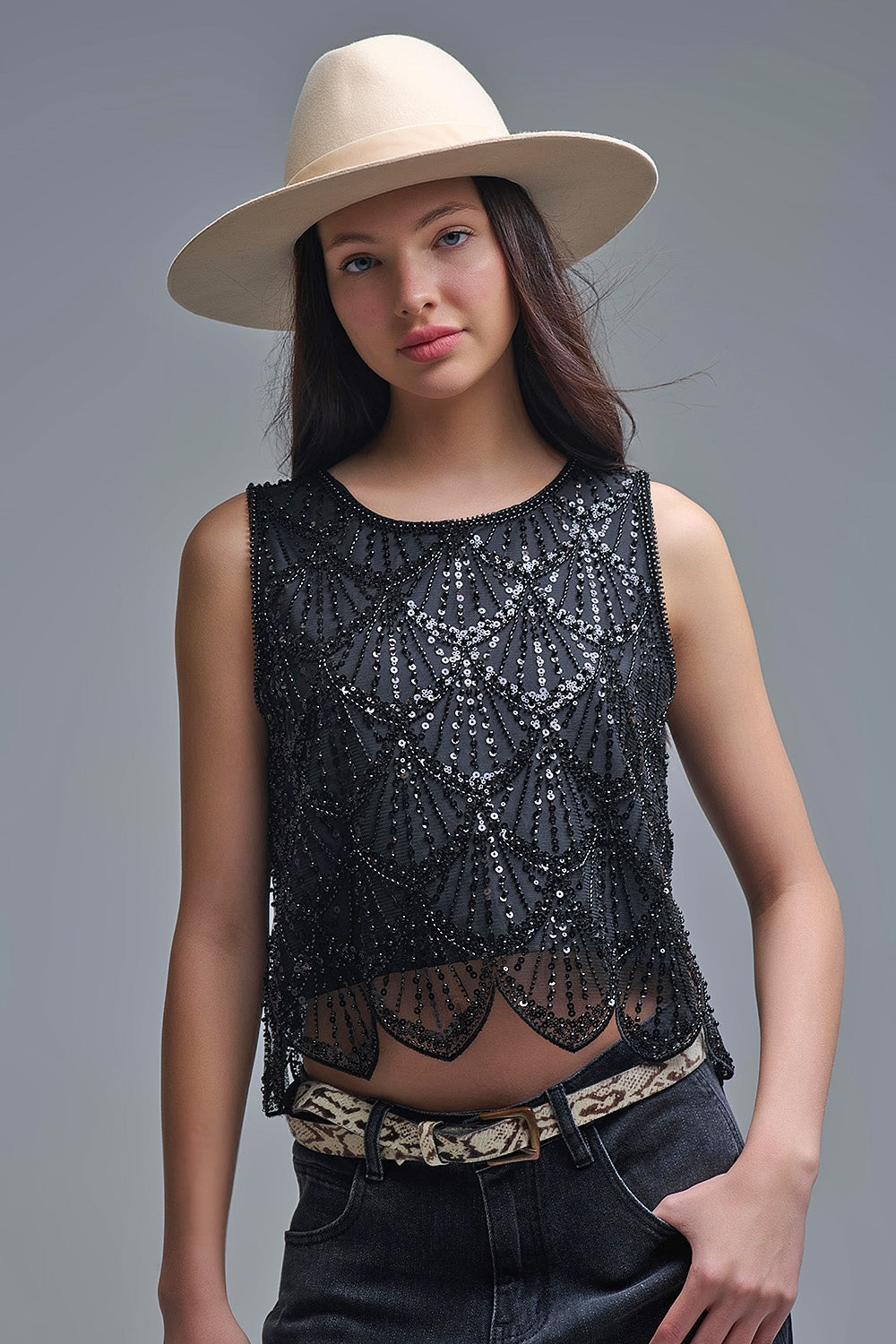 UNIKCOSA Chic Black Sequin Cropped Top