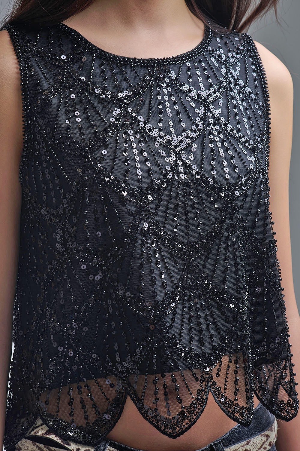 UNIKCOSA Chic Black Sequin Cropped Top — view 2 of 8