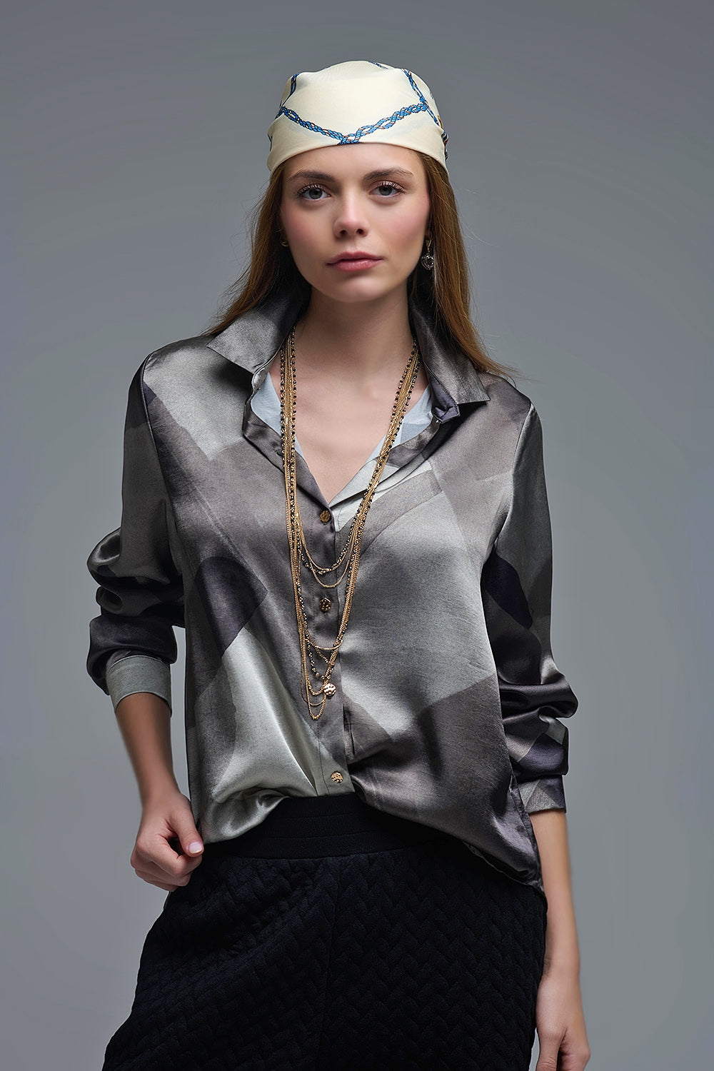 gray satin shirt with geometric print