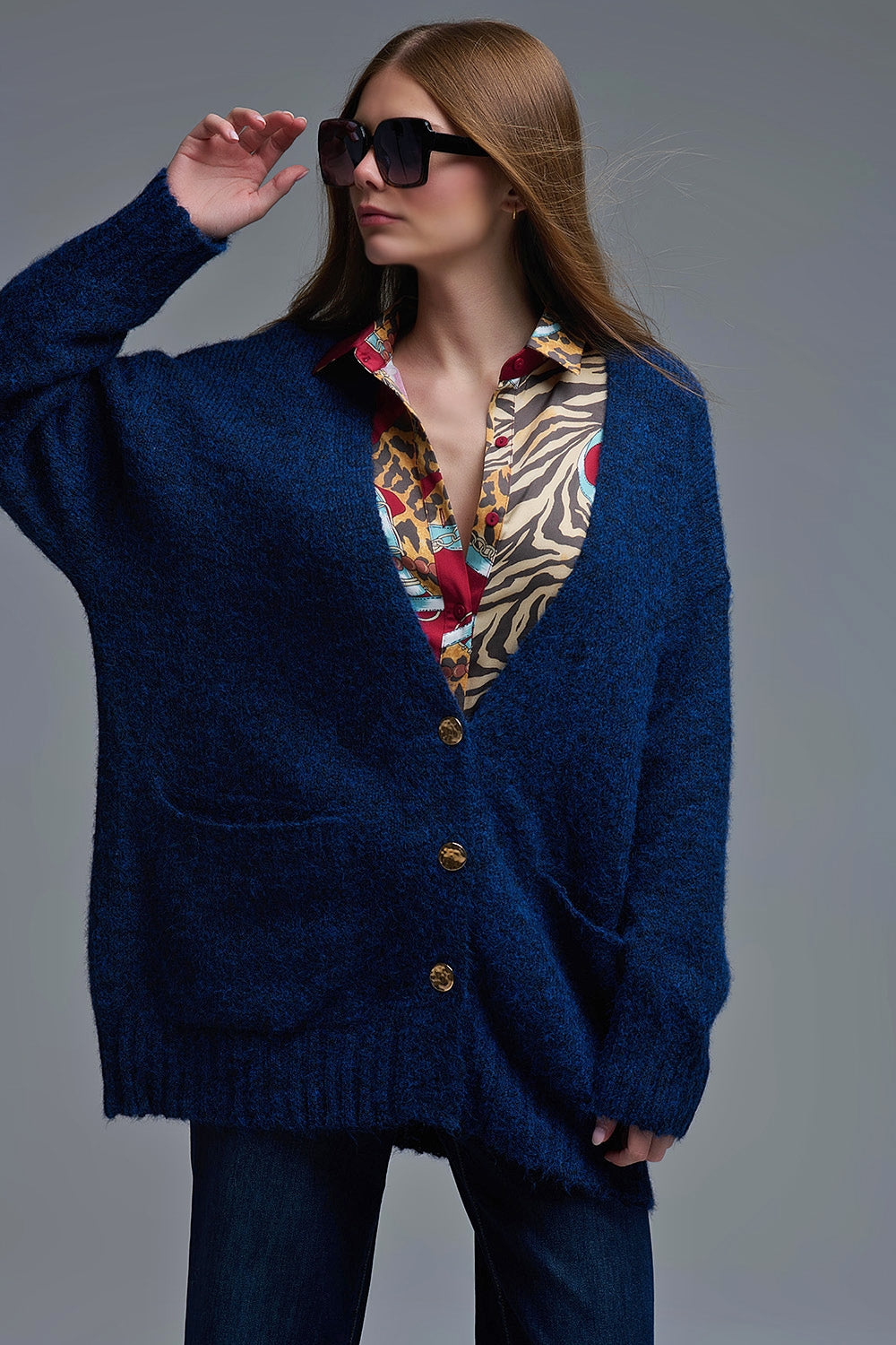 Oversized Cardigan in Navy with gold buttons and pockets