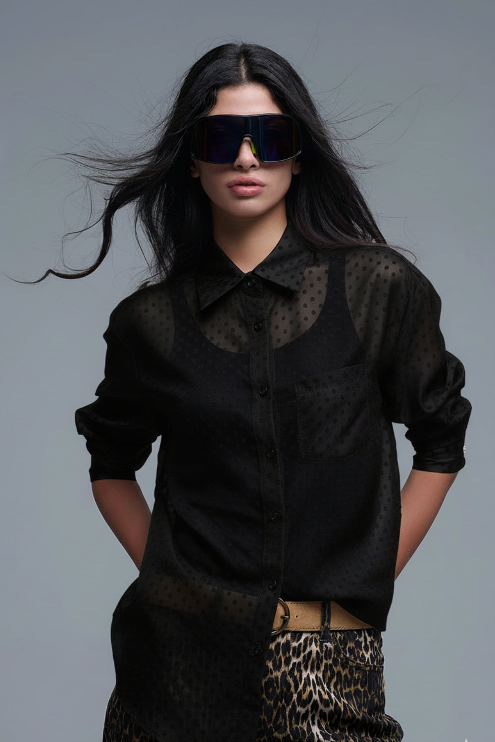 Black Polka-Dot Button-Up Shirt in chiffon