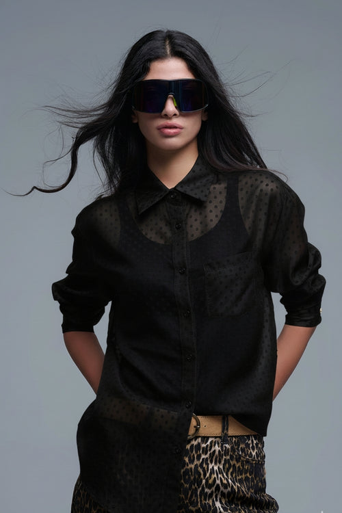 Black Polka-Dot Button-Up Shirt in chiffon — view 1 of 4