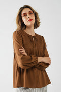 Chic Brown Satin Shirt with Lace