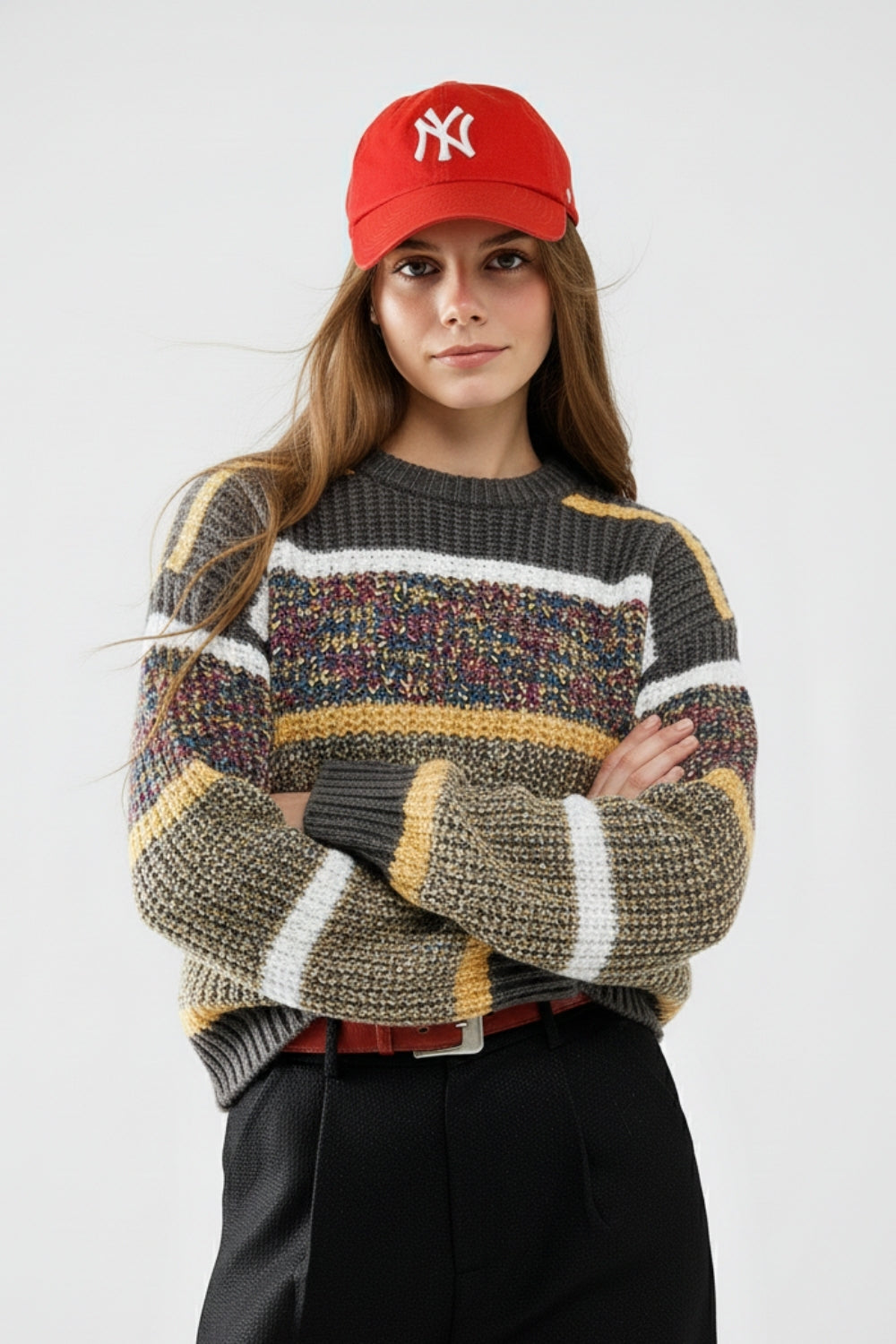 knitted long sleeve sweater in stripe with multiple colors