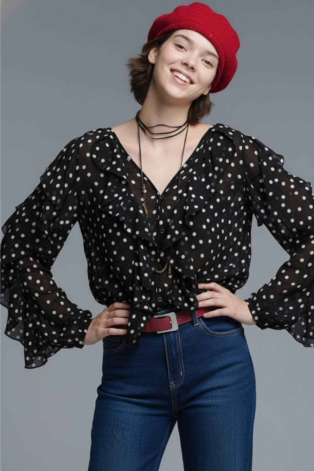 Ruffled Black Polka-Dot V-Neck Top in chiffon fabric