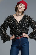 Ruffled Black Polka-Dot V-Neck Top in chiffon fabric