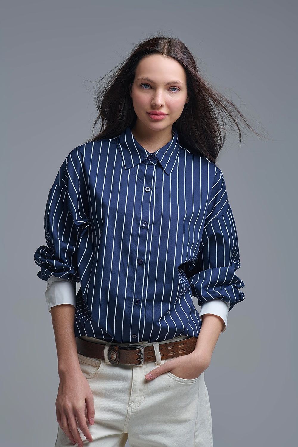 Navy Blue Striped High-Collar Shirt in soft poplin