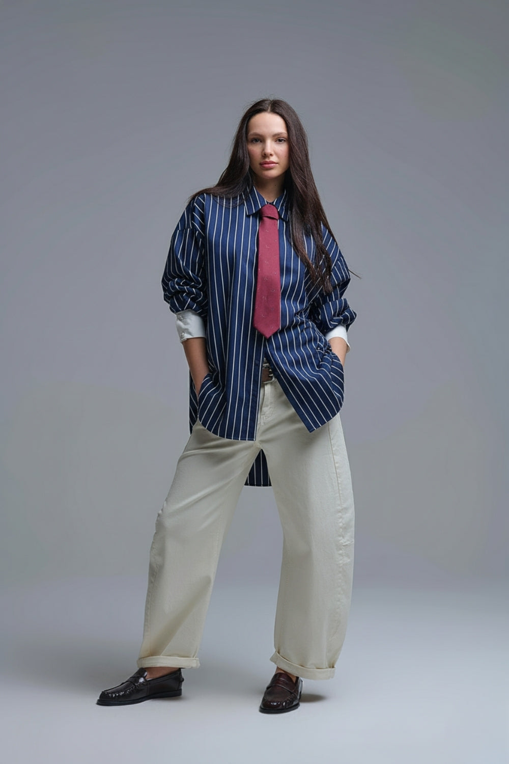Navy Blue Striped High-Collar Shirt in soft poplin