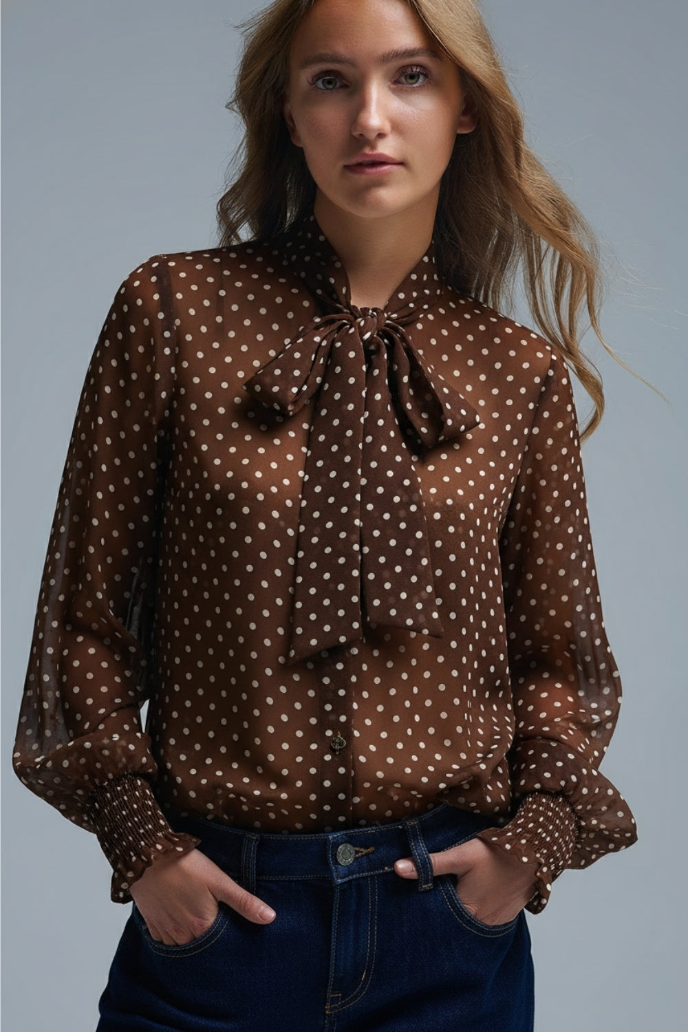 Brown Polka-Dot Shirt with Lace Detail in chiffon fabric