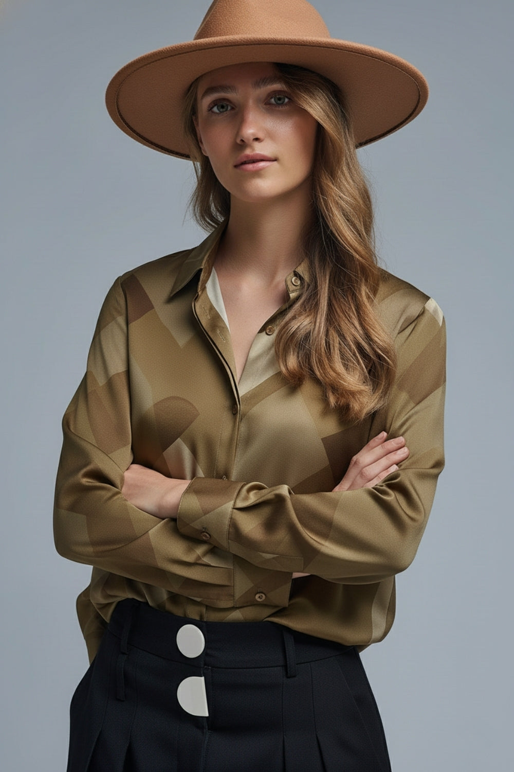 Green satin shirt with geometric print
