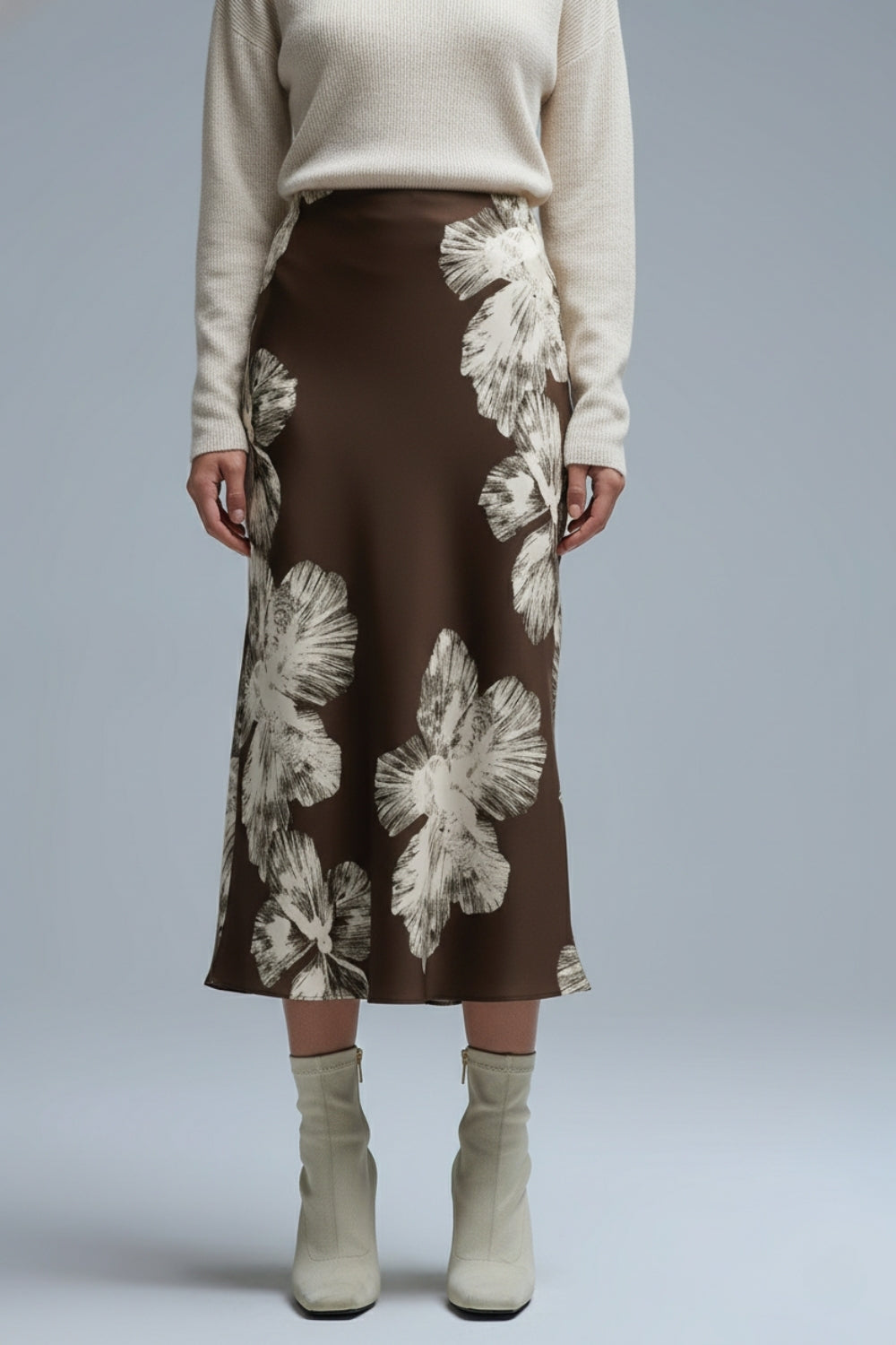 Brown Floral Satin Midi Skirt in satin