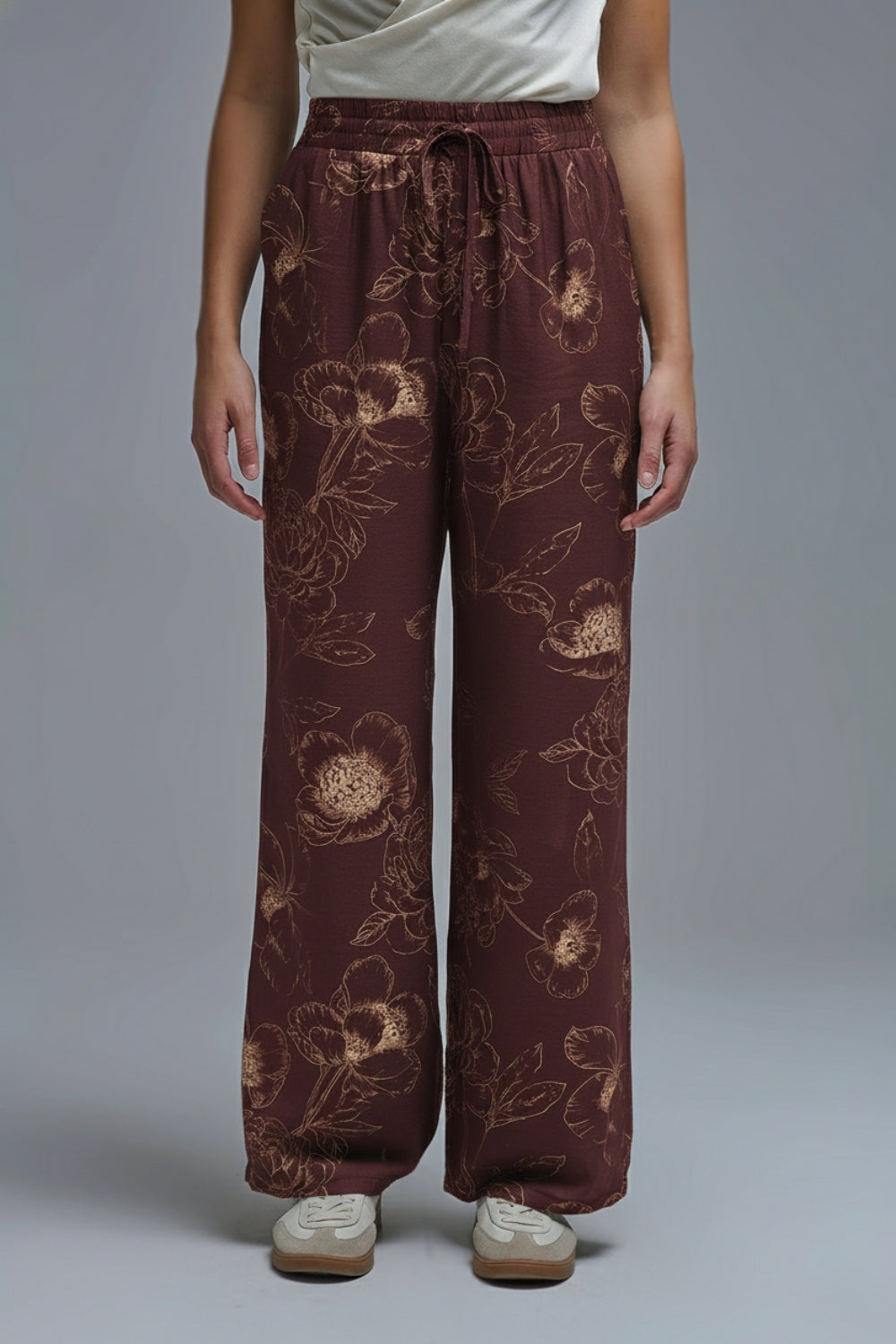 burgundy Light-weight Flowy Pants in Autumnal Floral Print