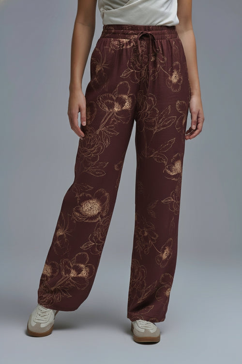 burgundy Light-weight Flowy Pants in Autumnal Floral Print — view 1 of 4