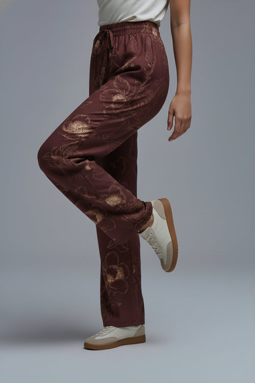 burgundy Light-weight Flowy Pants in Autumnal Floral Print — view 2 of 4