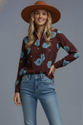Brown Button-Up Shirt with Light Blue Floral Print in satin