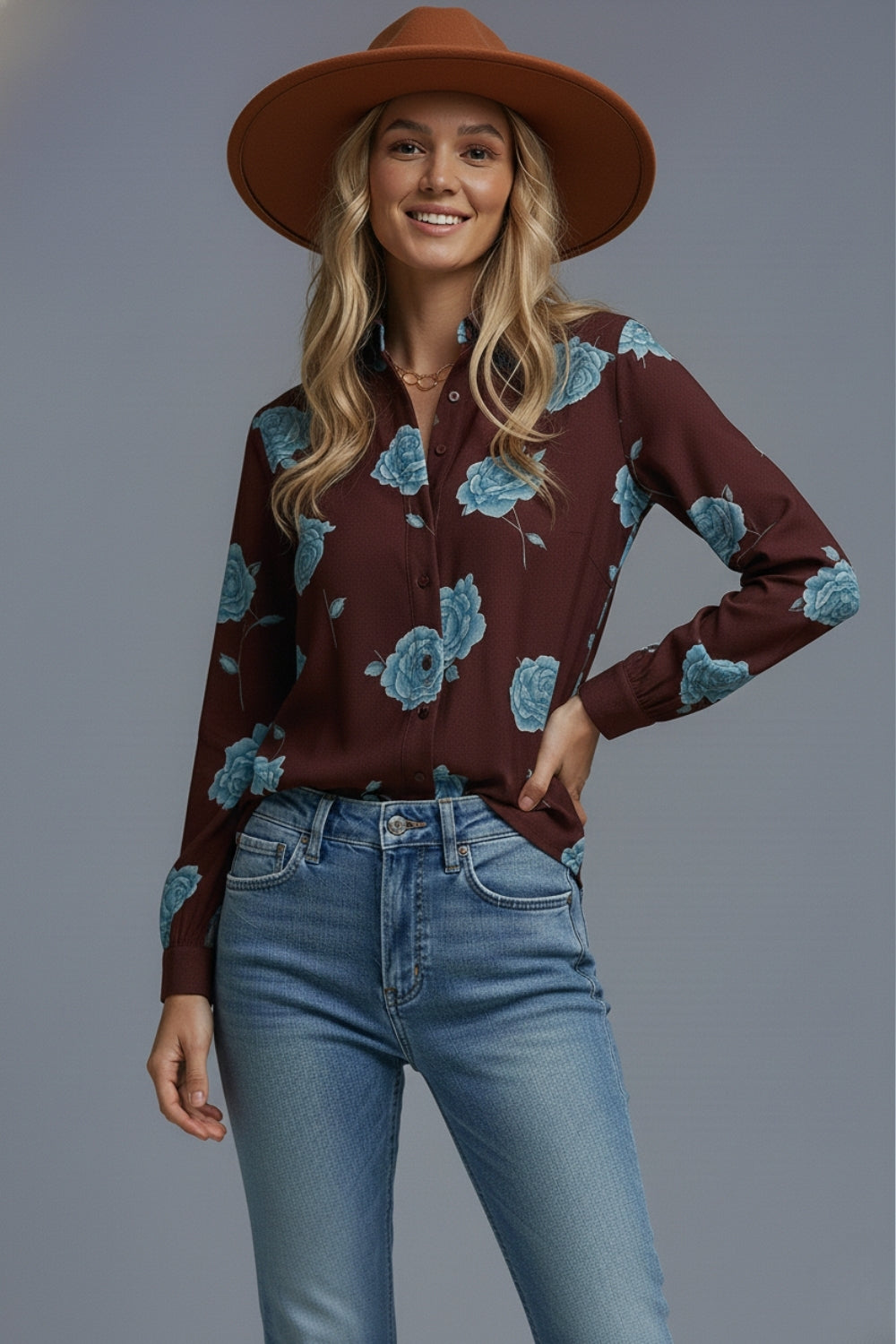 Brown Button-Up Shirt with Light Blue Floral Print in satin