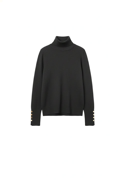 Black turtleneck sweater with gold buttons on the cuff — view 2 of 5