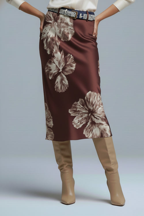 Burgundy Floral Satin Midi Skirt in satin — view 1 of 4