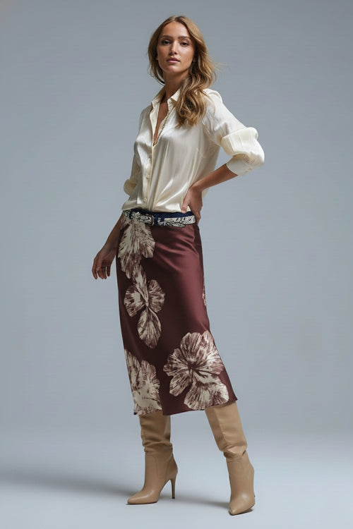 Burgundy Floral Satin Midi Skirt in satin — view 2 of 4