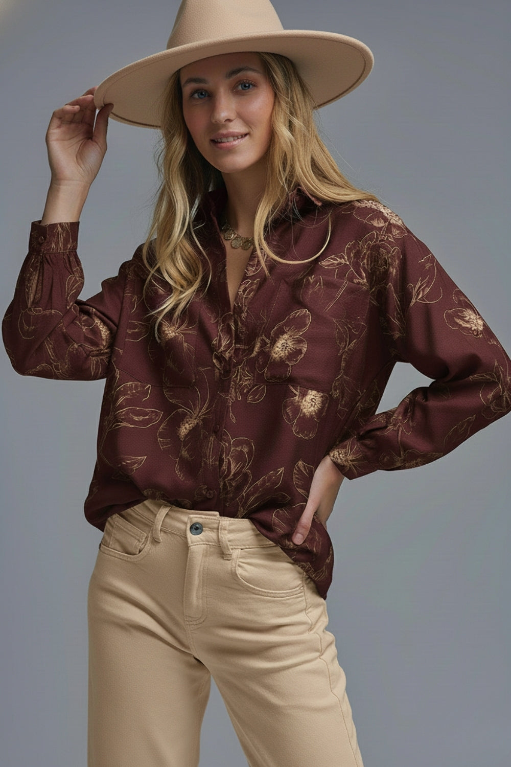 Burgundy Light-weight Flowy shirt in Autumnal Floral Print