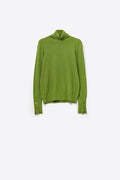 Olive green turtleneck sweater with gold buttons on the cuff
