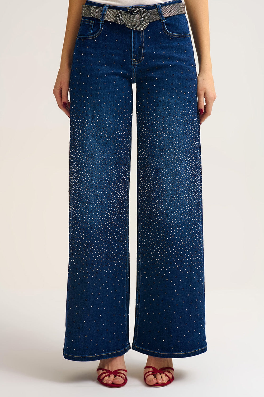 Wide Leg Denim Jeans with Rhinestone Detailing Front and Back