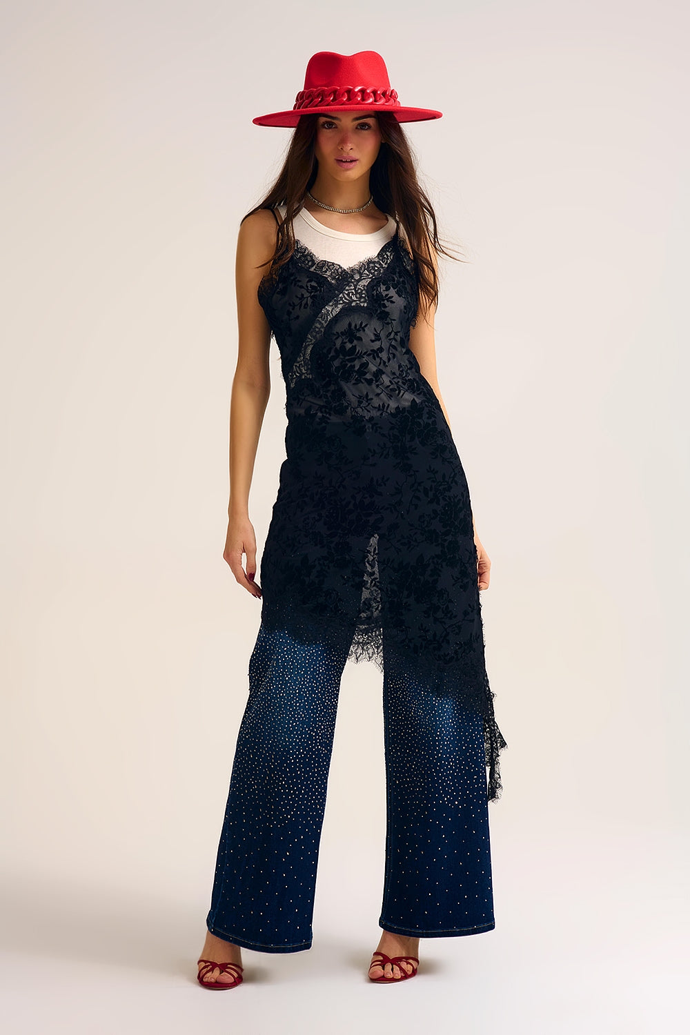 Wide Leg Denim Jeans with Rhinestone Detailing Front and Back