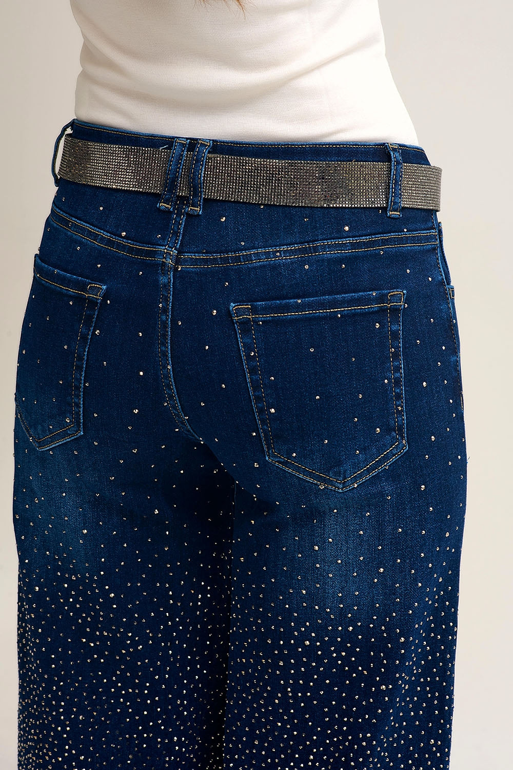 Wide Leg Denim Jeans with Rhinestone Detailing Front and Back