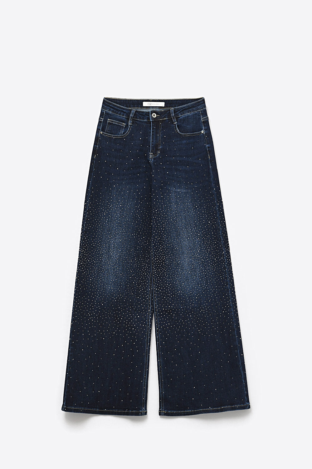 Wide Leg Denim Jeans with Rhinestone Detailing Front and Back