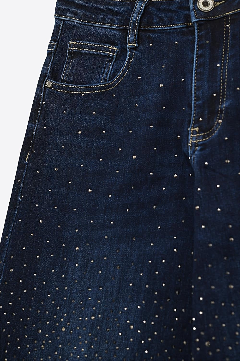 Wide Leg Denim Jeans with Rhinestone Detailing Front and Back