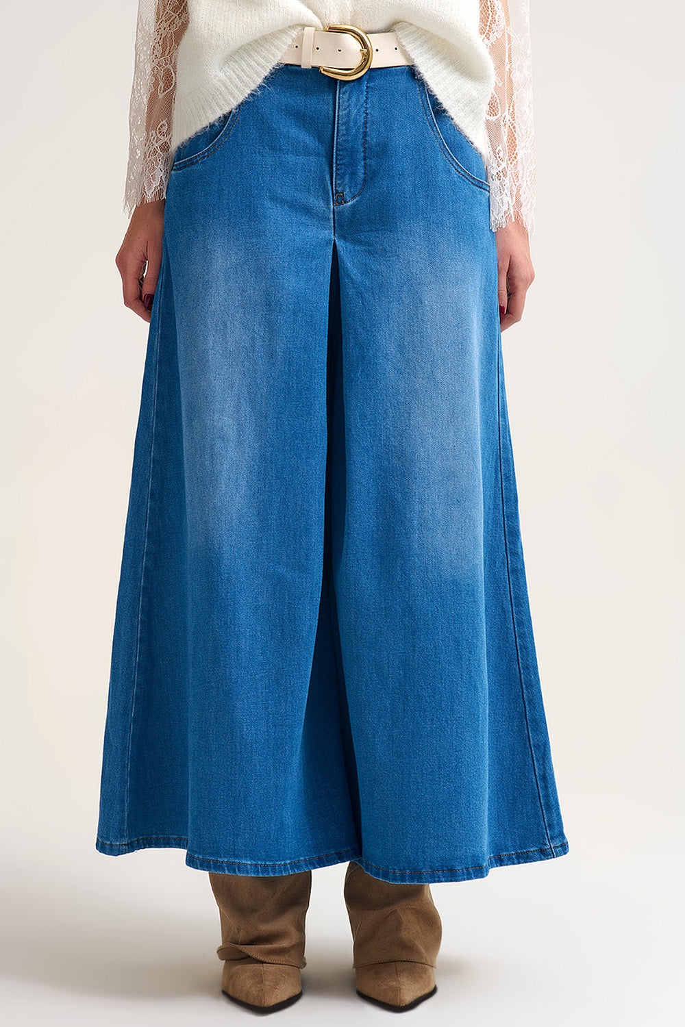 Extra Wide Leg Denim Skort with Front Pleat