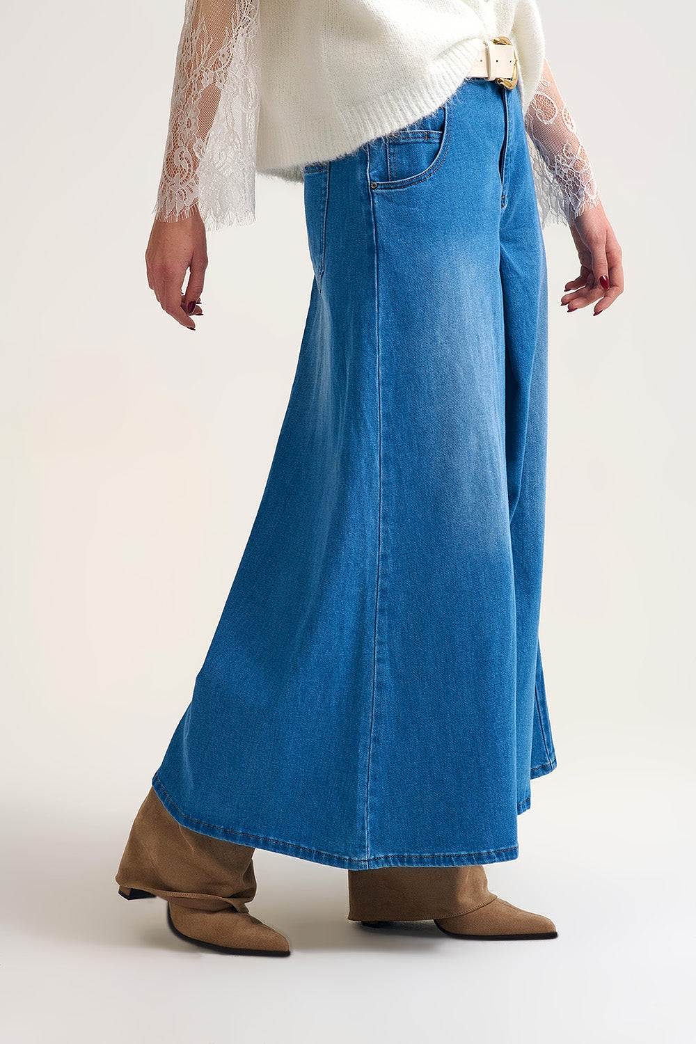 Extra Wide Leg Denim Skort with Front Pleat