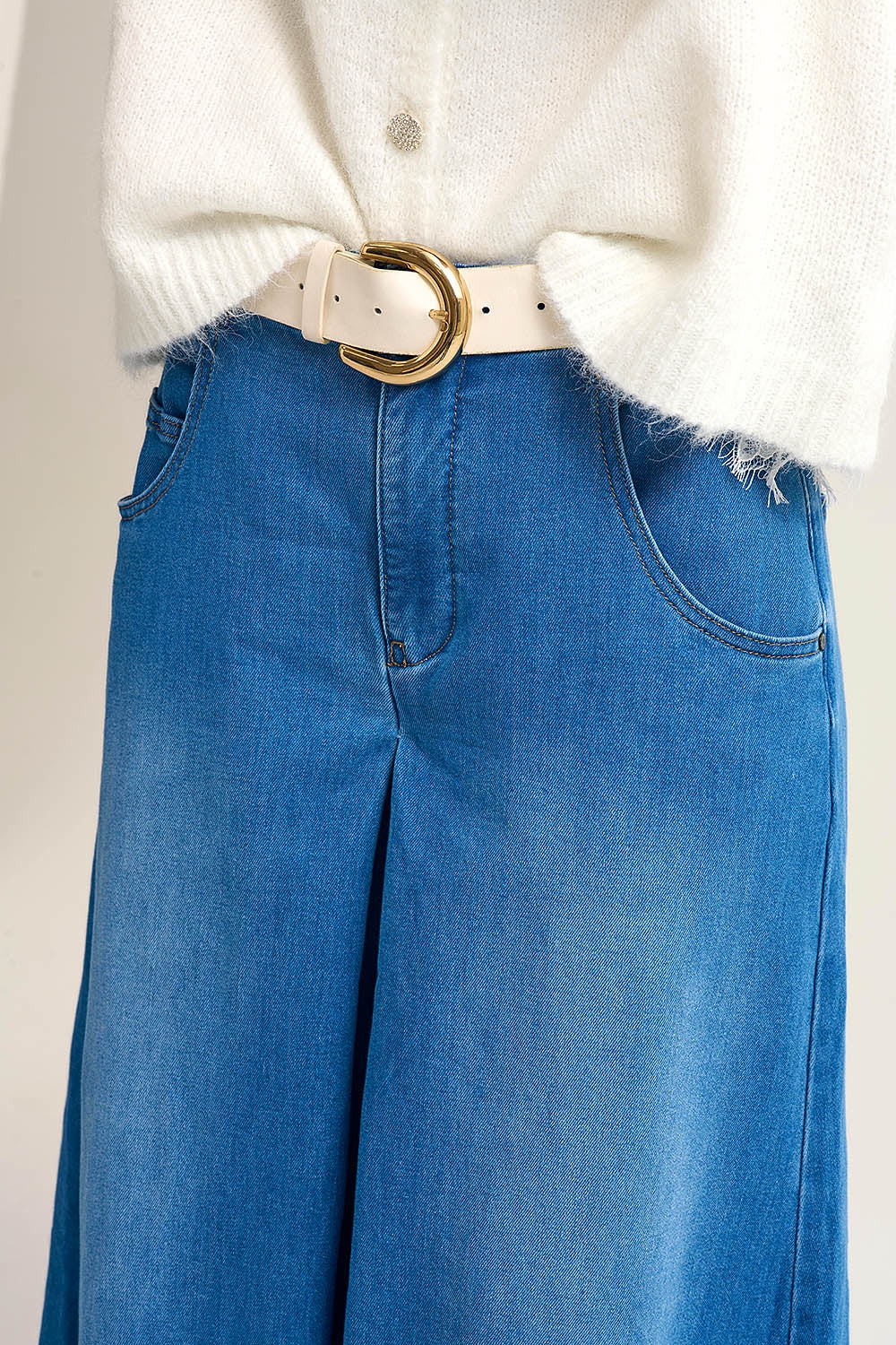 Extra Wide Leg Denim Skort with Front Pleat