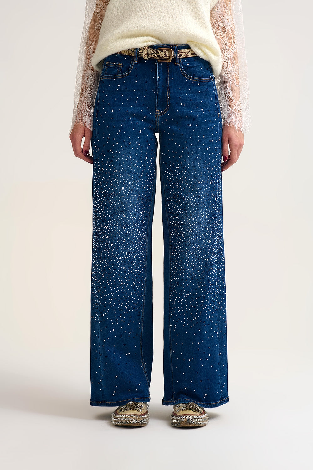 Wide Leg Denim Jeans with Rhinestone Detailing Front