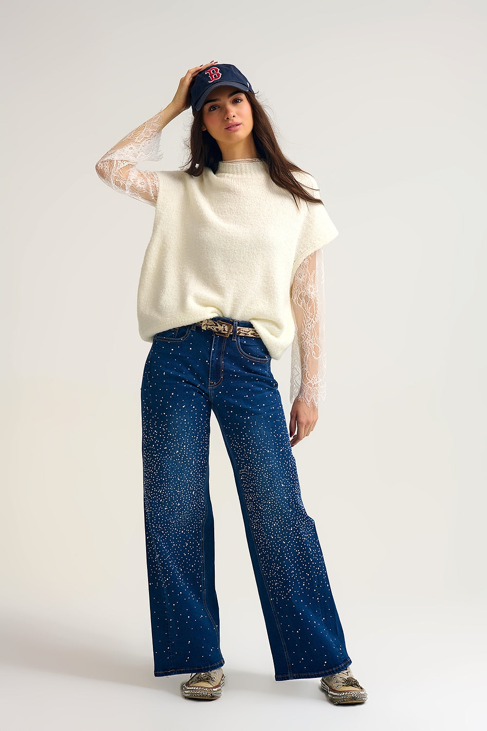 Wide Leg Denim Jeans with Rhinestone Detailing Front