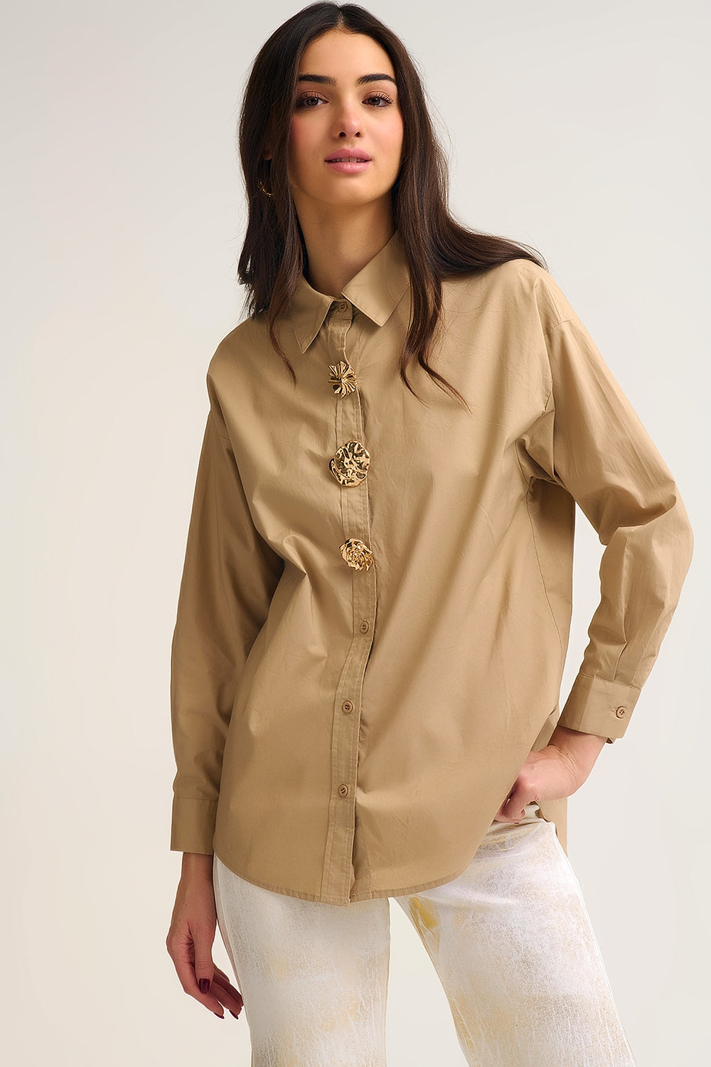 Beige relaxed poplin Cotton Shirt with Decorative Gold Buttons