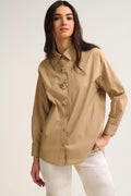 Beige relaxed poplin Cotton Shirt with Decorative Gold Buttons