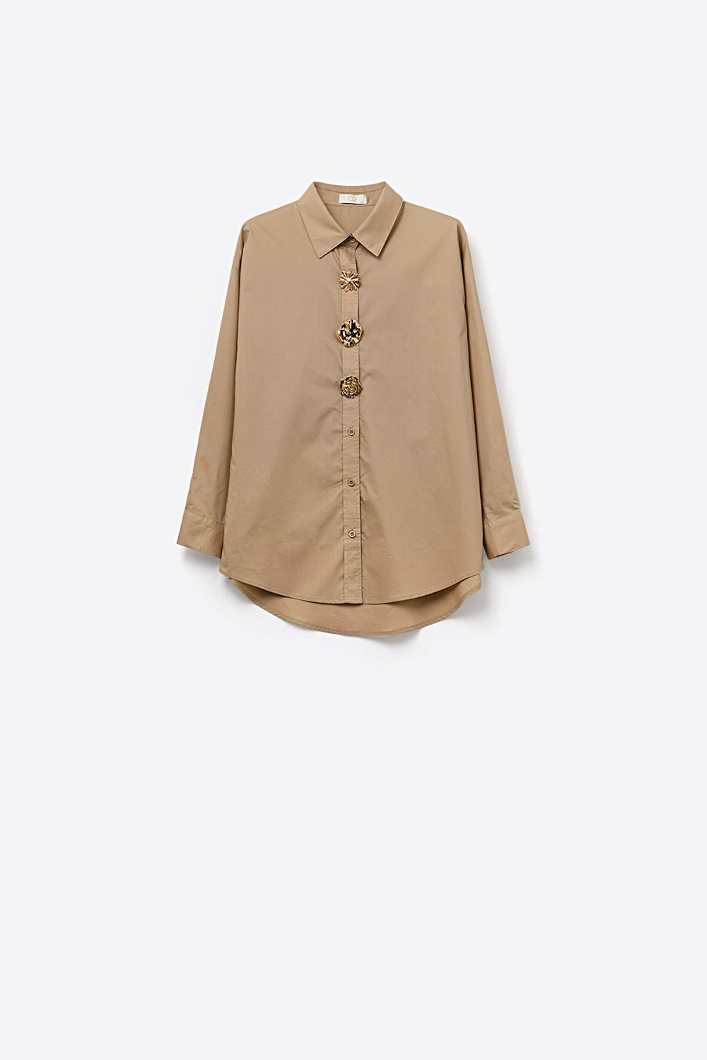Beige relaxed poplin Cotton Shirt with Decorative Gold Buttons